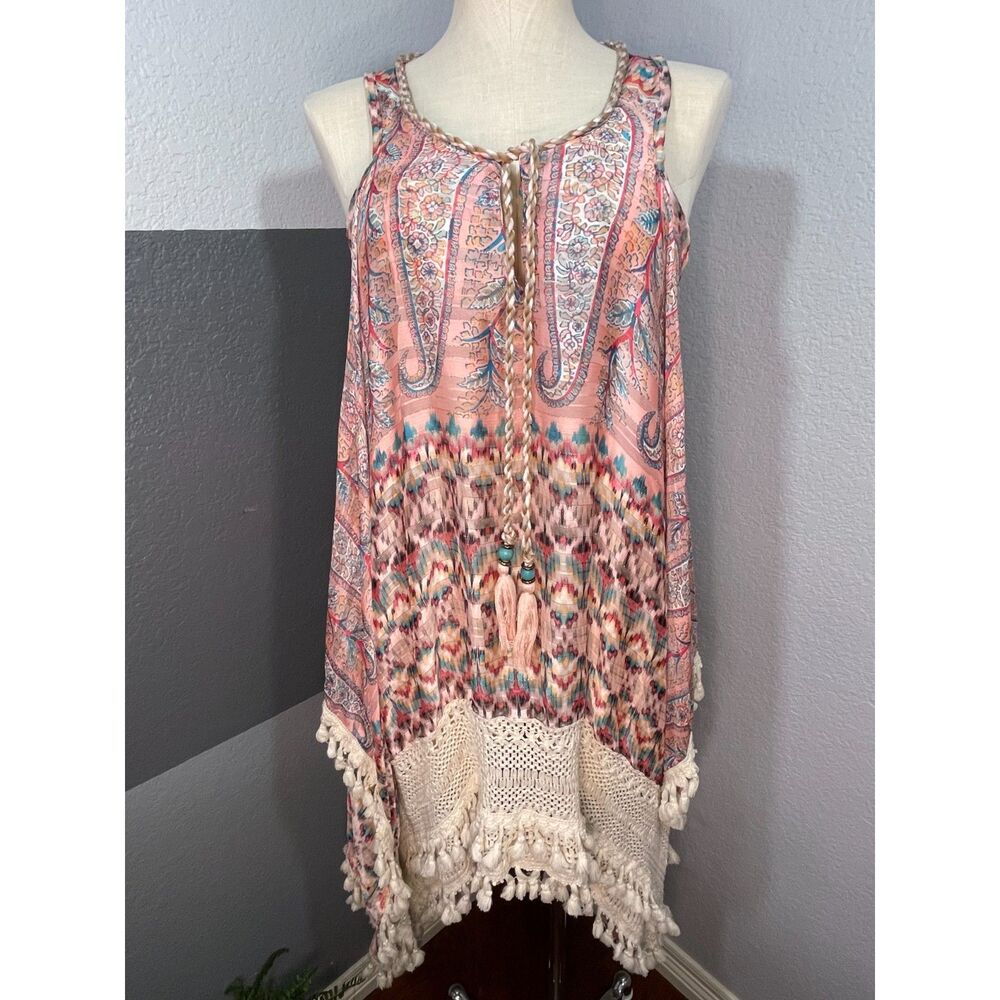 Casting Paris Tunic Top Large Pink Paisley Crochet Fringe L Coverup - Picture 2 of 10